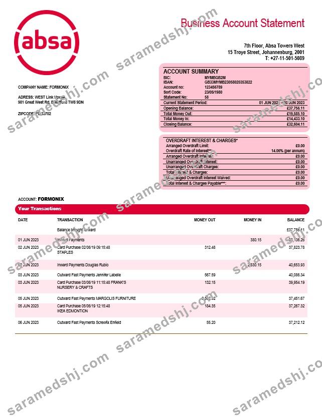 Absa Bank company checking account statement Word and PDF template